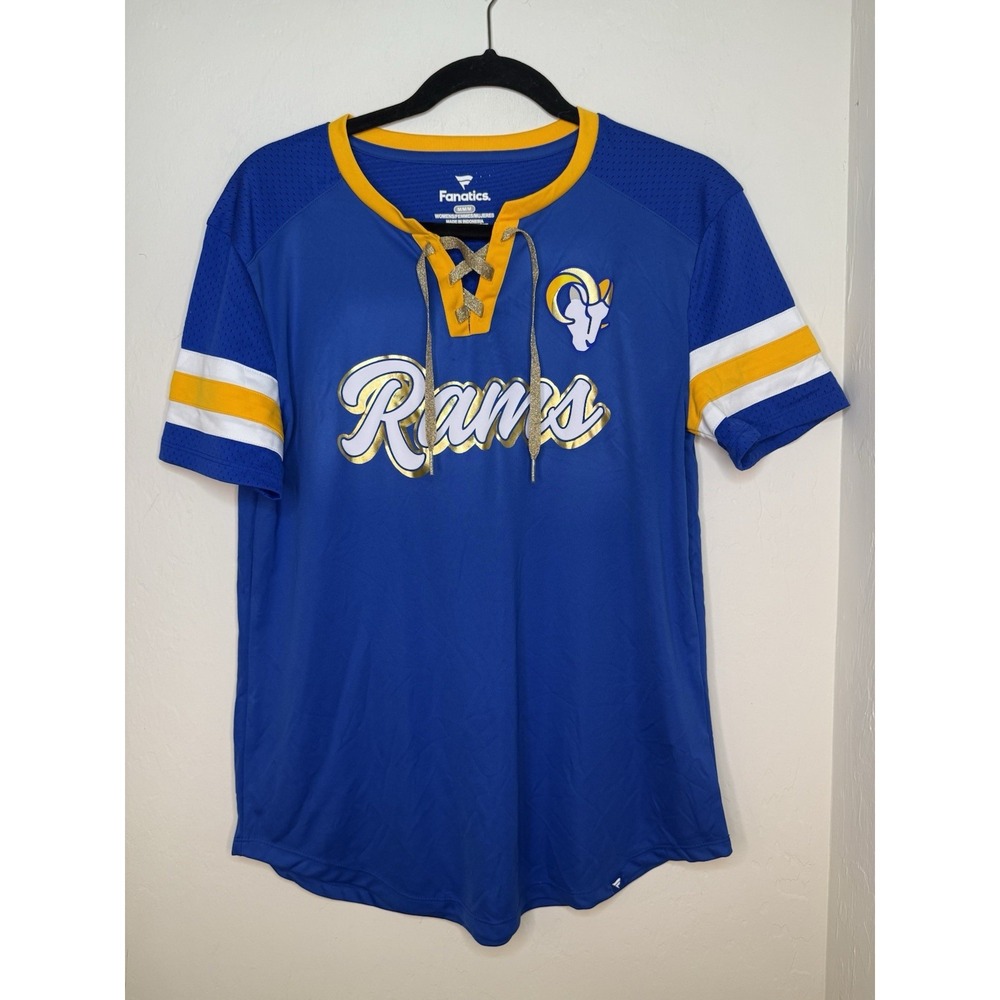 Fanatics Los Angeles Rams Womens Blue Lace Up Jersey T-Shirt Size Medium -NWT